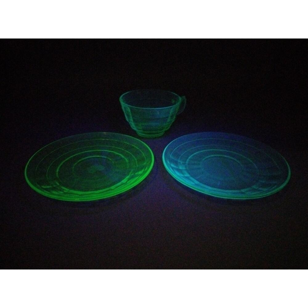 Anchor Hocking "Block Optic" Uranium Glass Cup And Saucer Pointed Handle